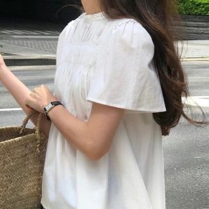 Cute Pleated Puff Sleeve A-Line T-Shirt in Y2K Style for Aesthetic Outfits