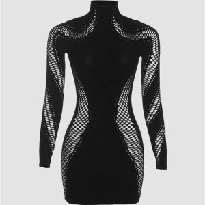 Cyberpunk Aesthetic Cut-Out Long Sleeve Dress for Edgy Fashion Lovers