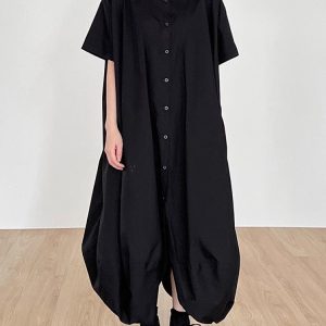 Dark Aesthetic Lapel Single-Breasted Irregular Shirt Dress for Grunge Style Lovers