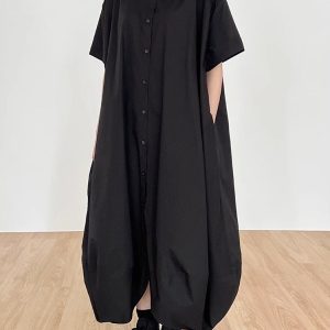 Dark Aesthetic Lapel Single-Breasted Irregular Shirt Dress for Grunge Style Lovers