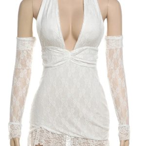 Deep V-Neck Halter Lace Backless Mini Dress with Irregular Hem - Y2K Summer Party Style