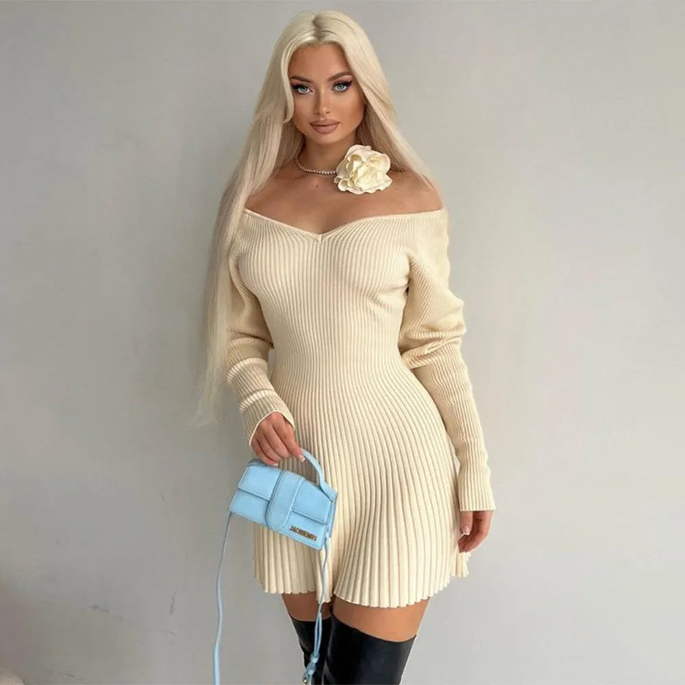 Deep V Neck Knitted Rib Bodycon Dress - Sexy Elegant Mini Dress for Party Fashion