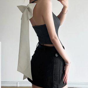 Deep V Neck Sexy Crop Top for Women - Button Sleeveless Slim Vest with Backless Bow Design