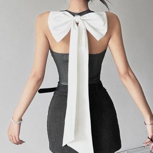 Deep V Neck Sexy Crop Top for Women - Button Sleeveless Slim Vest with Backless Bow Design