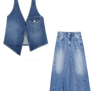 Denim Dress Set for Women: Sleeveless Backless Crop Top & Loose Maxi Skirt Two-Piece Outfit