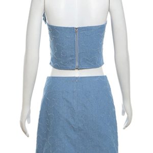 Denim Dress Set: Off-Shoulder Slim Crop Top & Splice Flower Backless Skirt 2-Piece Suit