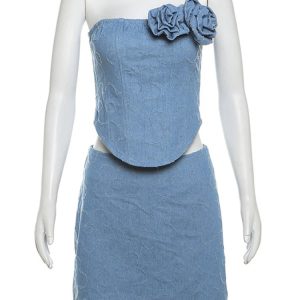 Denim Dress Set: Off-Shoulder Slim Crop Top & Splice Flower Backless Skirt 2-Piece Suit