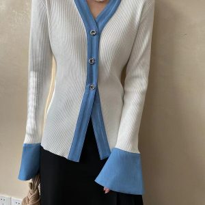 Denim Panel Bell Sleeve Knit Sweater - Y2K Aesthetic Top for Cozy, Stylish Outfits