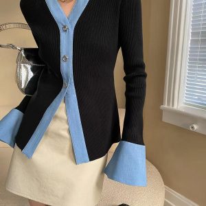 Denim Panel Bell Sleeve Knit Sweater - Y2K Aesthetic Top for Cozy, Stylish Outfits