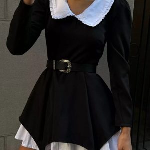 Doll Collar Ruched Two-Piece Dress in Y2K Style - Cute Coquette Aesthetic Outfit