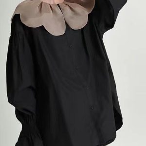 Doll Petal Collar Oversized Y2K Shirt - Cute Coquette Aesthetic Top for Effortless Style