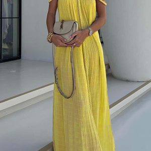 Draped Woven Halterneck Backless Maxi Dress - Y2K Aesthetic Evening Wear for Chic Style