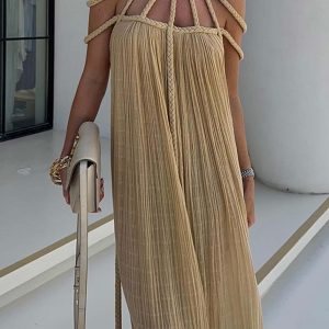 Draped Woven Halterneck Backless Maxi Dress - Y2K Aesthetic Evening Wear for Chic Style