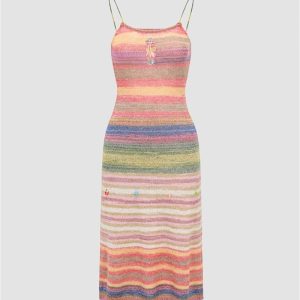 Dunereach Y2K Aesthetic Midi Knit Gradient Dress for Trendy Coquette Style