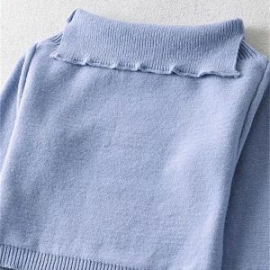 E-girl Off-Shoulder Cropped Pullover Sweater with Turn-Down Collar - Trendy Knit Fashion Top 2023