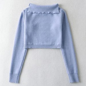 E-girl Off-Shoulder Cropped Pullover Sweater with Turn-Down Collar - Trendy Knit Fashion Top 2023