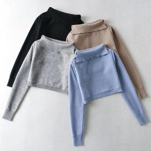 E-girl Off-Shoulder Cropped Pullover Sweater with Turn-Down Collar - Trendy Knit Fashion Top 2023