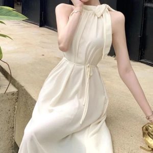 Elegant A-line Halter Sleeveless Summer Dress for Women - Solid Color Holiday Evening Wear