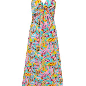 Elegant A-Line Long Dress with Suspender V-Neck and Y2K-Inspired Print Design