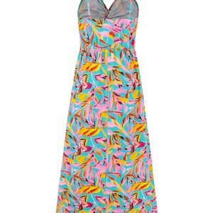 Elegant A-Line Long Dress with Suspender V-Neck and Y2K-Inspired Print Design