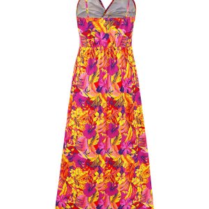 Elegant A-Line Long Dress with Suspender V-Neck and Y2K-Inspired Print Design