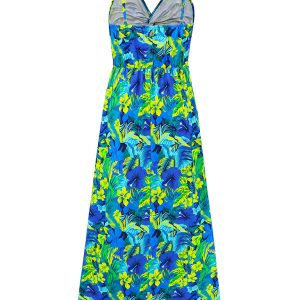 Elegant A-Line Long Dress with Suspender V-Neck and Y2K-Inspired Print Design