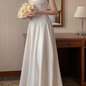 Elegant A-Line Vintage Long Dress for Women - Solid Sleeveless Wedding & Evening Party Dress