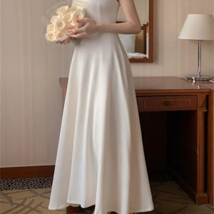 Elegant A-Line Vintage Long Dress for Women - Solid Sleeveless Wedding & Evening Party Dress