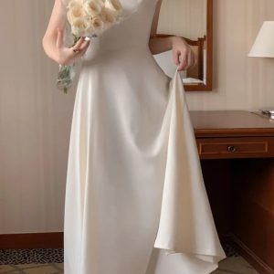 Elegant A-Line Vintage Long Dress for Women - Solid Sleeveless Wedding & Evening Party Dress