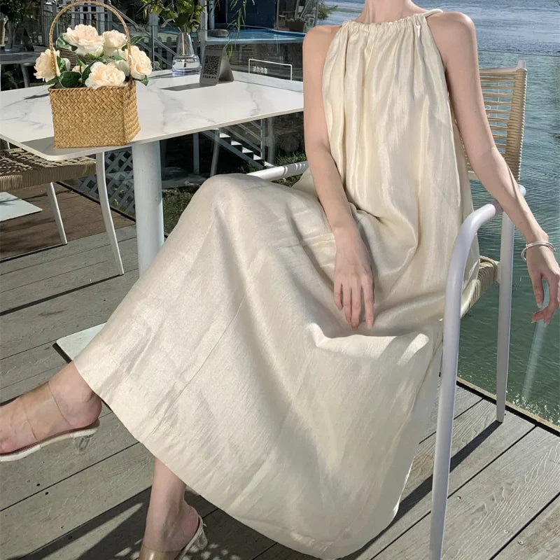 Elegant Apricot Sleeveless Halter Dress with Pleats - Y2K Aesthetic Summer Fashion 2024