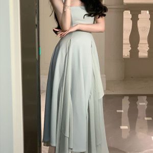 Elegant Asymmetrical Sleeveless Midi Dress for Women - Slim Fit A-Line Square Collar Party Dress