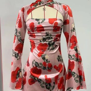 Elegant Backless Bodycon Satin Print Dress for Women - Sexy Hollow Out Long Sleeve Party Dress