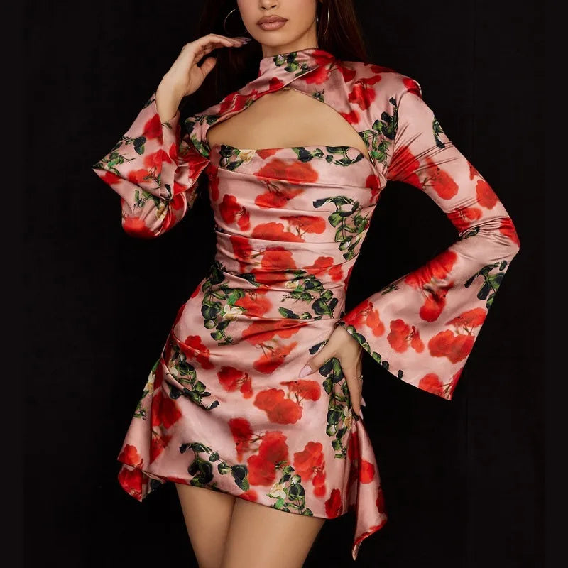 Elegant Backless Bodycon Satin Print Dress for Women - Sexy Hollow Out Long Sleeve Party Dress