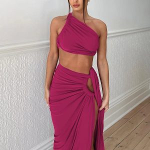 Elegant Backless Maxi Skirt with High Side Slit - Y2K Fashion Pure Skew Collar Design