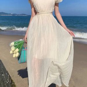 Elegant Backless Midi Dress - Summer Short Sleeve Casual Holiday Outfit for Women