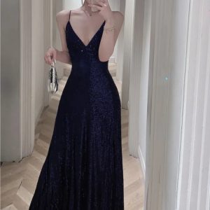 Elegant Backless V-Neck Evening Dress with Sequins - Slim Fit Spring/Summer Party Gown