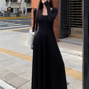 Elegant Black Knitted Midi Dress for Women - Y2K Fashion, Cute & Chic Vintage Style Dress