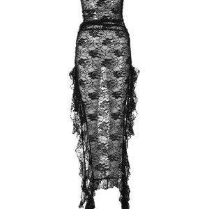 Elegant Black Lace Floral Ribbon Strapless Dress with Slit for Y2K Coquette Aesthetic