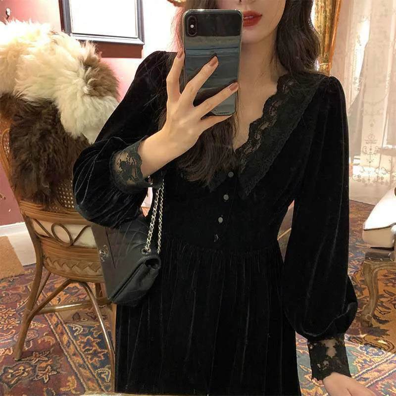 Elegant Black Lace Velvet Midi Dress for Women - Vintage Gothic High Waist Long Sleeve Party Dress