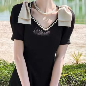 Elegant Black Midi Dress for Women - Vintage A-Line Office Lady Casual Dress