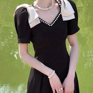 Elegant Black Midi Dress for Women - Vintage A-Line Office Lady Casual Dress