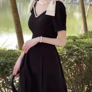 Elegant Black Midi Dress for Women - Vintage A-Line Office Lady Casual Dress