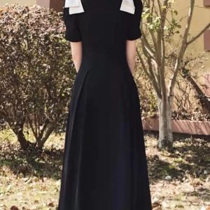 Elegant Black Midi Dress for Women - Vintage A-Line Office Lady Casual Dress