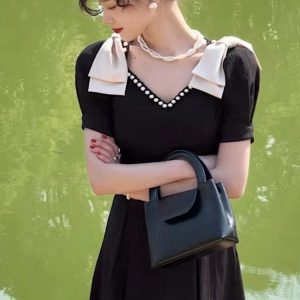 Elegant Black Midi Dress for Women - Vintage A-Line Office Lady Casual Dress