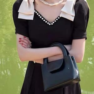 Elegant Black Midi Dress for Women - Vintage A-Line Office Lady Casual Dress