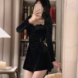 Elegant Black Velvet Midi Dress with Lace Details - Y2K Casual Korean Fashion for Parties