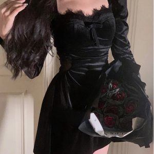 Elegant Black Velvet Midi Dress with Lace Details - Y2K Casual Korean Fashion for Parties