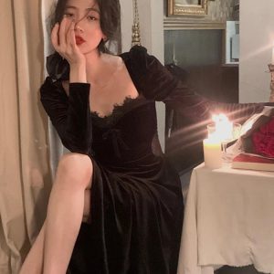 Elegant Black Velvet Midi Dress with Lace Details - Y2K Casual Korean Fashion for Parties