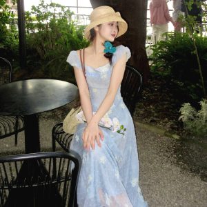 Elegant Blue Midi Dress for Women - Chiffon Floral Party Dress in Y2K Boho Style