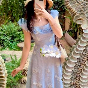 Elegant Blue Midi Dress for Women - Chiffon Floral Party Dress in Y2K Boho Style